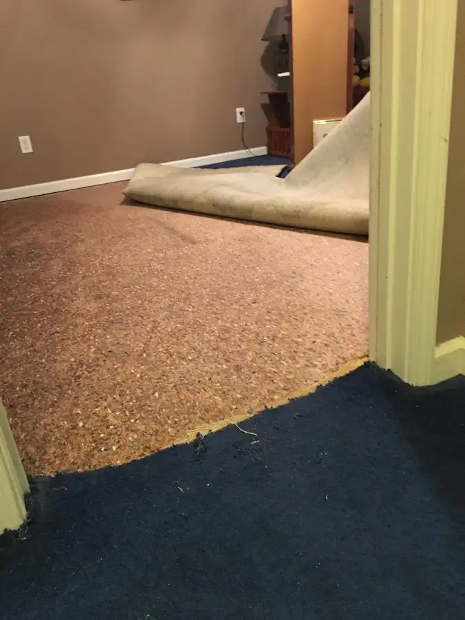 Carpet pad removal revealing water damage during Water Mitigation Services in Fox Point
